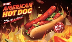 Delicious Hot Dog Ad Template. 3D Illustrated Realistic Hot Dog With Cheese And Vegetables On Flaming Fire Background.