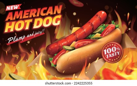 Delicious hot dog ad template. 3D illustrated realistic hot dog with cheese and vegetables on flaming fire background.