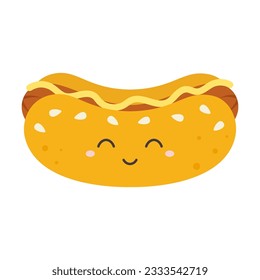 delicious hot dog, bright funny kawaii in cartoon style, delicious fast food, flat vector illustration isolated on white