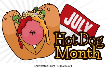 Delicious hot dog and calendar ready to celebrate during July the Hot Dog Month, eating this tasty food.