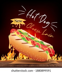Delicious Hot Dog Cheese ads and ingredients on wooden with burning fire in 3d.