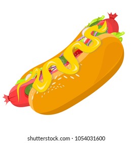 Delicious hot dog. Fast food. Saturated with various ingredients. Sausage with mustard. Greens, sesame, mushrooms, tomatoes. Modern style vector illustration icons. 
Isolated on white background.