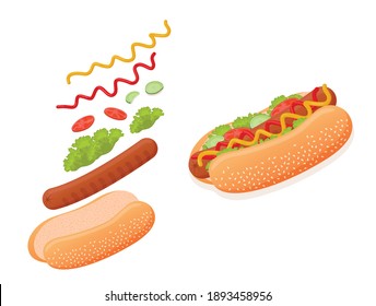 Delicioso hot dog con ingredientes voladores como pan de semilla de sésamo, salchicha de carne, lechuga, tomate, pepino, ketchup y mostaza. Ilustración vectorial de la comida rápida americana para publicidad, menú, web