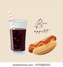 A delicious hot dog in a fragrant bun, with ketchup and mustard sauce and a drink in a glass with a straw. Vector illustration in a flat style.