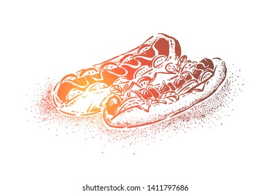 Delicious hot dog, grilled sausage with cheese, salad, ketchup and mustard, tasty quick meal. Unhealthy nutrition, traditional american fastfood concept sketch. Hand drawn vector illustration
