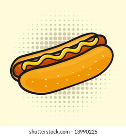 Delicious hot dog. Halftone background is grouped separately for easy edit.