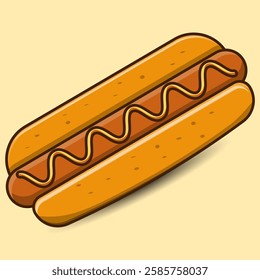 A delicious hot dog illustration with mustard in a retro flat style. Bold outlines, warm colors, and shading add depth. Perfect for fast food, menu design, stickers, or digital artwork