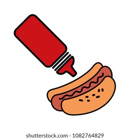 delicious hot dog with ketchup bottle