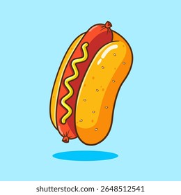 Delicious Hot Dog with Mustard in a Bun Vector Illustration Cartoon Design