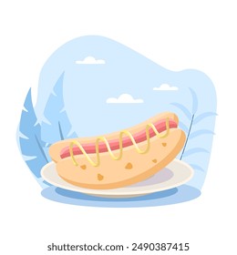 Delicious hot dog with mustard lying on plate on summer background
