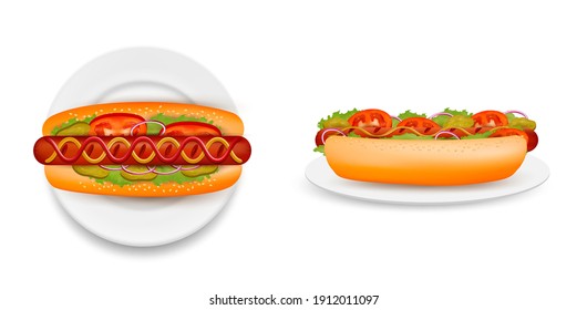 Delicioso hot dog en la ilustración aislada del vector de visión lateral y superior. Bollo de hot dog realista con salchicha, ensalada de lechuga, tomate, pepino, cebolla, mostaza de ketchup. Menú de restaurante de comida rápida.