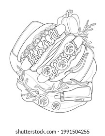 Delicious hot dog sandwich burger fast food, junk food, vector illustration for coloring book page