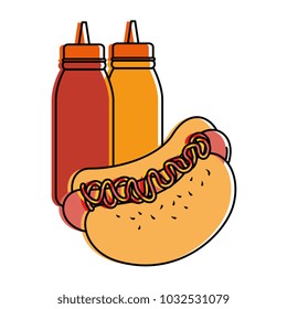 delicious hot dog with sauce bottle