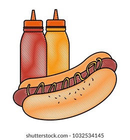 delicious hot dog with sauce bottle