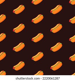 Delicious hot dog seamless pattern.  Fast food icon background. Restaurant menu concept wallpaper. Cute cartoon cuisine vector illustration backdrop. American dish. Graphic design element.
