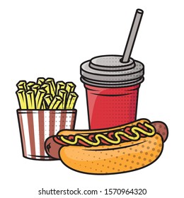 delicious hot dog with soda and french fries vector illustration design