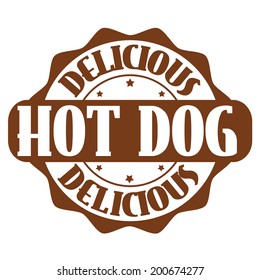 Delicious hot dog stamp or label on white, vector illustration