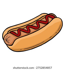 Delicious hot dog vector illustration with ketchup swirl