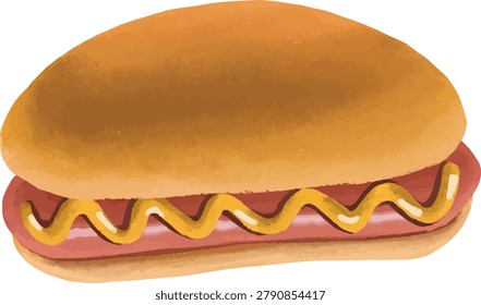 Delicious hot dog vector illustration in watercolor style with grilled sausage and yellow mustard swirl inside a soft bun, isolated on black background.