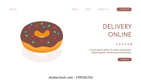 Delicious hot donuts with chocolate icing and smudges. Order fast food online through a website on the Internet. Isolated vector isometric illustration on a white background.