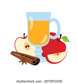 Delicious hot drink with apples, cinnamon and star anise icon vector. Glass of winter sweet drink vector. Mulled apple Cider icon isolated on a white background