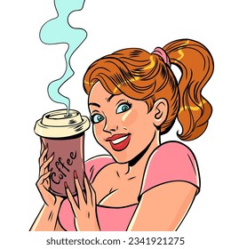 Delicious and hot drink offer. A girl with red hair holds a hot cup of coffee in her hands.