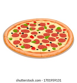 Delicious hot pepperoni paprika cut into eight parts. Spicy pizza from Calabria, located south of Naples. Salsiccia Napoletana, Italian Salami. Breakfast lunch or dinner Cartoon illustration on a whit