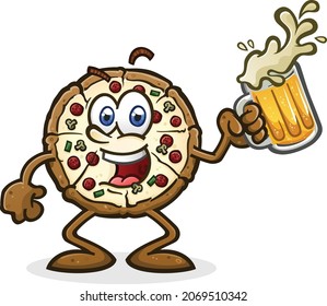 A delicious, hot pizza pie with a smiling face and excited attitude holding a cold, frothy mug of refreshing beer and ready to party