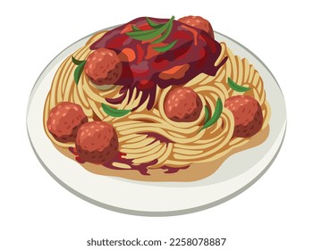 deliciosa espagueti caliente ilustración vectorial completa con salsa roja y bolas de carne