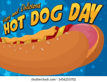 Delicious hotdog in a close up view, served with ketchup, mustard and cheese sauce topping with golden greeting sign and a starry background to celebrate Hot Dog Day.