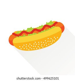 Delicious hotdog with ketchup and vegetables. Isolated flat icon. Fast food symbol for poster, menus, brochure and web. Vector eps8 illustration.