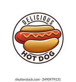 Delicious hotdog logo in circle with white background