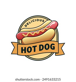 Delicious hotdog logo in circle with white background