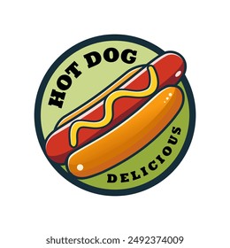 Delicious hotdog logo in circle with white background