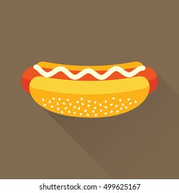 Delicious hotdog with mayonnaise. Isolated flat icon. Fast food symbol for poster, menus, brochure and web. Vector eps8 illustration.