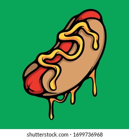 Delicious hotdog with melting cheese. Food vector illustration. Sausage and bun with mayonnaise.
