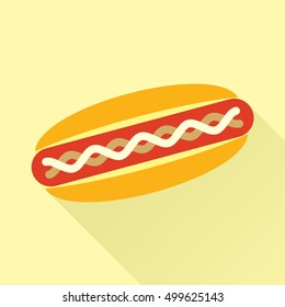 Delicious hotdog with mustard and mayonnaise. Isolated flat icon. Fast food symbol for poster, menus, brochure and web. Vector eps8 illustration.