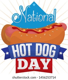 Delicious hotdog served with mustard and ketchup, over greeting ribbons with patriotic U.S.A. design to celebrate National Hot Dog Day.