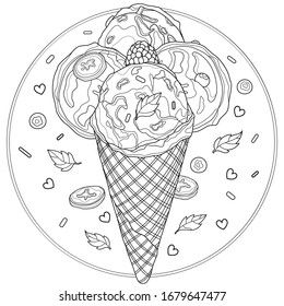 
Delicious ice cream with banana, 
raspberries,blueberries and mint. Sweets.Coloring book antistress for children and adults. Illustration isolated on white background.Zen-tangle style.