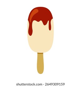 Delicious ice cream bar with chocolate topping on a stick captured against a plain background