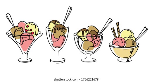 Delicious ice cream in bowls, colored hand-drawn sketch on white background