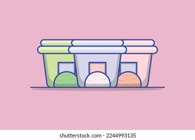 Delicious Ice Cream Boxes Set vector illustration. Summer food and ice cream object icon concept. Ice cream plastic bucket container set packaging vector design with shadow on pink background.