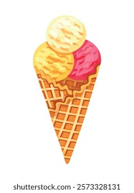 Delicious ice cream in cartoon style. Vector illustration of colored ice cream balls in a waffle cone with different berry, fruit, creamy flavors isolated on white background. Refreshing dessert.