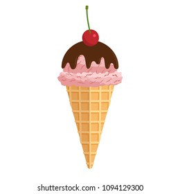 Delicious ice cream with cherry. Colorful illustration of sweet fresh dessert. vector isolated illustration in flat style. Graphic design elements for summer menu, advertising, poster, brochure etc.