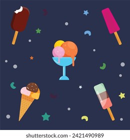 delicious ice cream collection for summer, illustration of ice cream sundae, gelato with different flavors, ice cream, popsicles with different toppings on a blue background