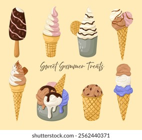 Delicious Ice Cream in a cone, bucket, and on a stick. Creamy Gelato in pastel colors. Summer dessert. Vector.