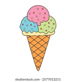 Delicious ice cream with cone clip art vector.  Ice cream summer isolated on white background. Summer worksheets printable. Ice cream coloring pages for kids. Trace and color ice cream.