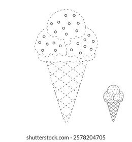 Delicious ice cream with cone clip art vector. Ice cream summer isolated on white background. Summer worksheets printable. Ice cream coloring pages for kids. Trace and color ice cream.