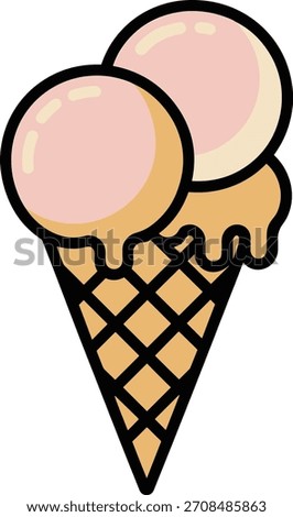Delicious ice cream cone featuring two scoops of creamy dessert. Sweet treat for summer, a delightful and refreshing snack. A cute coloring book page.