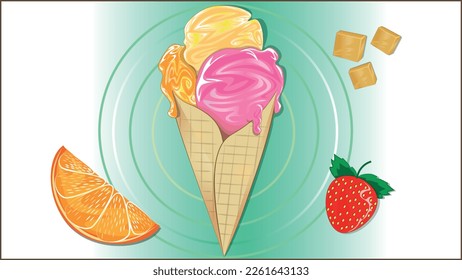 A delicious ice cream cone flavoured with strawberry orange and caramel. Yummy ice cream.